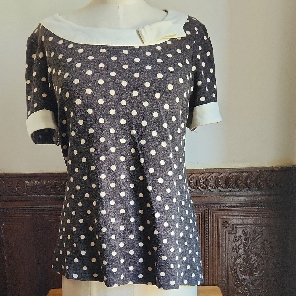 Polka Dot Blk/cream w/faux bow women top-sz M
